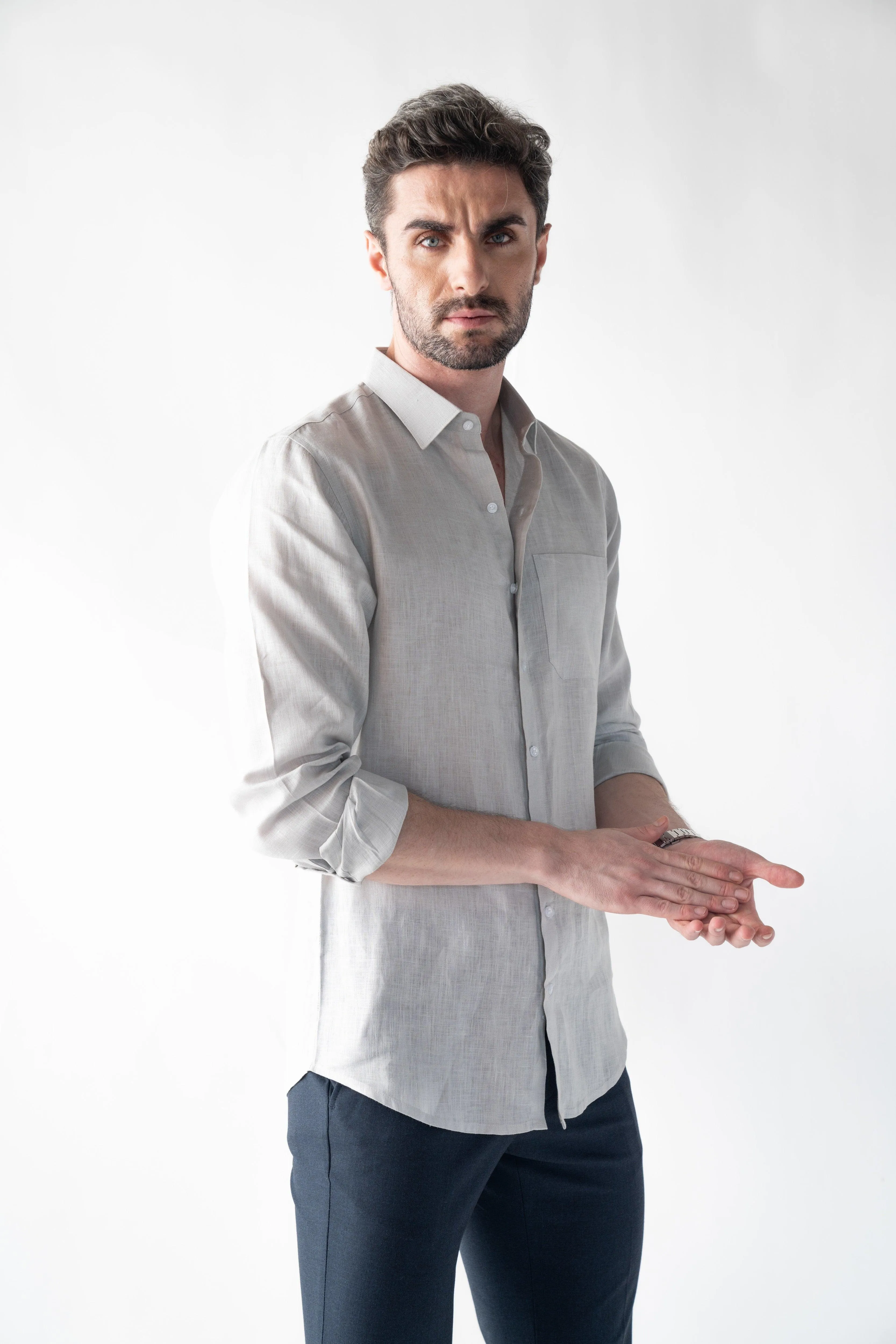 100% Linen Soft Touch Fog Grey Shirt