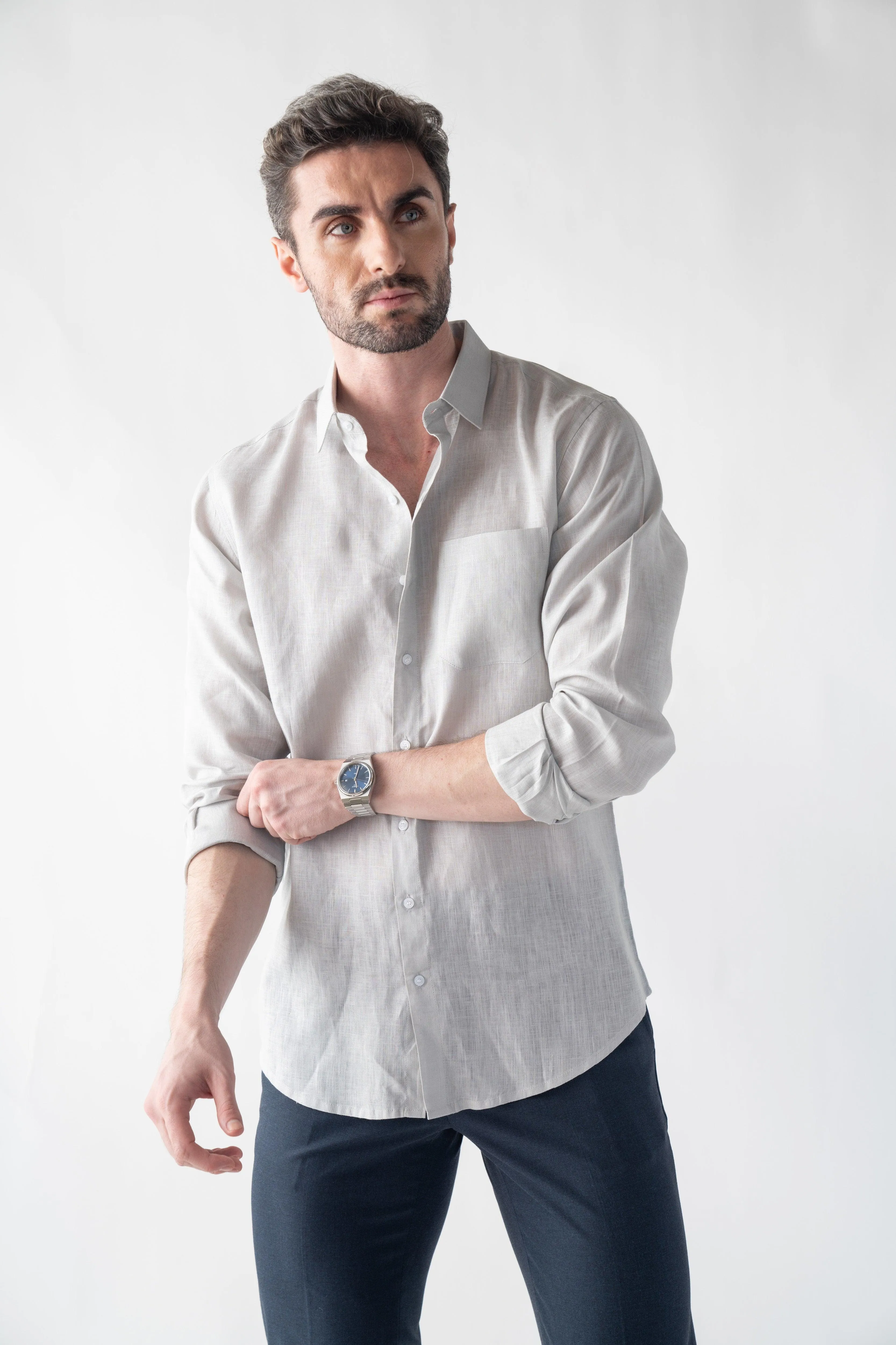 100% Linen Soft Touch Fog Grey Shirt