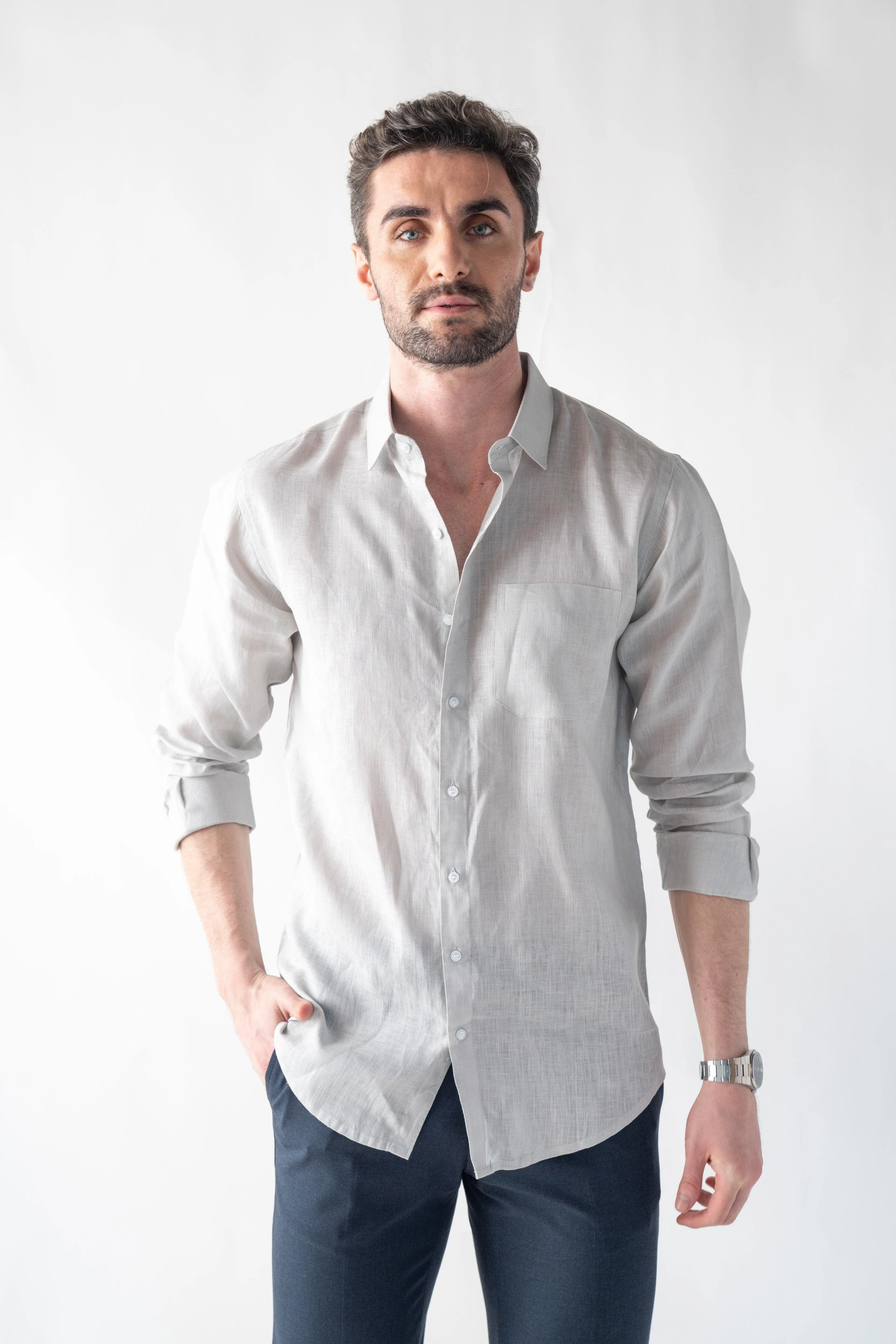 100% Linen Soft Touch Fog Grey Shirt