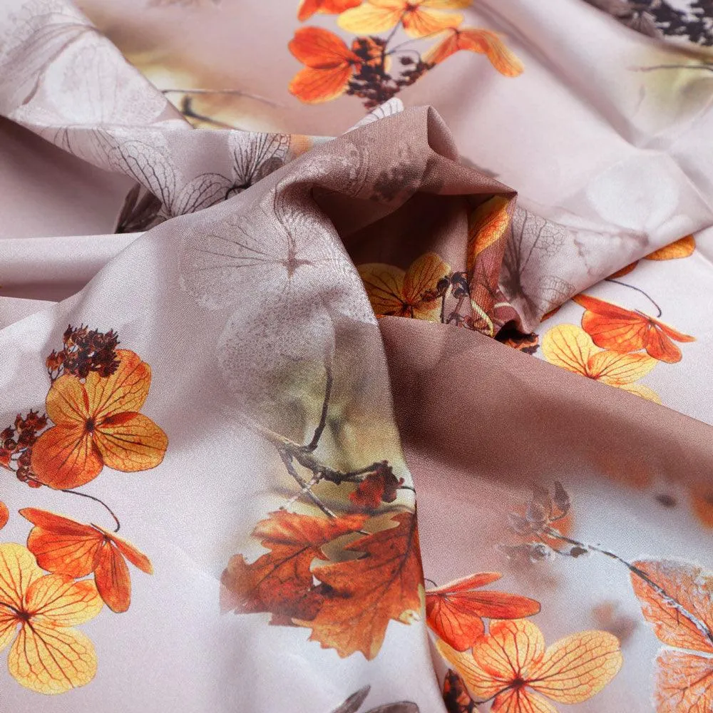 Attractive Brown Periwinkle With Leaves Digital Printed Fabric - Silk Crepe