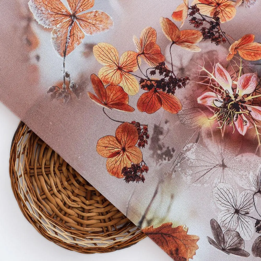 Attractive Brown Periwinkle With Leaves Digital Printed Fabric - Silk Crepe