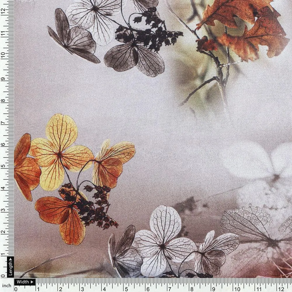 Attractive Brown Periwinkle With Leaves Digital Printed Fabric - Silk Crepe