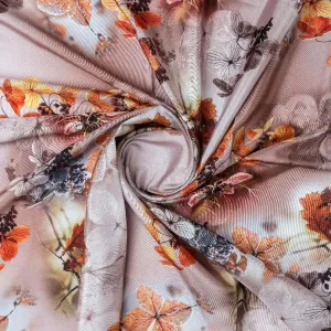 Attractive Brown Periwinkle With Leaves Digital Printed Fabric - Silk Crepe