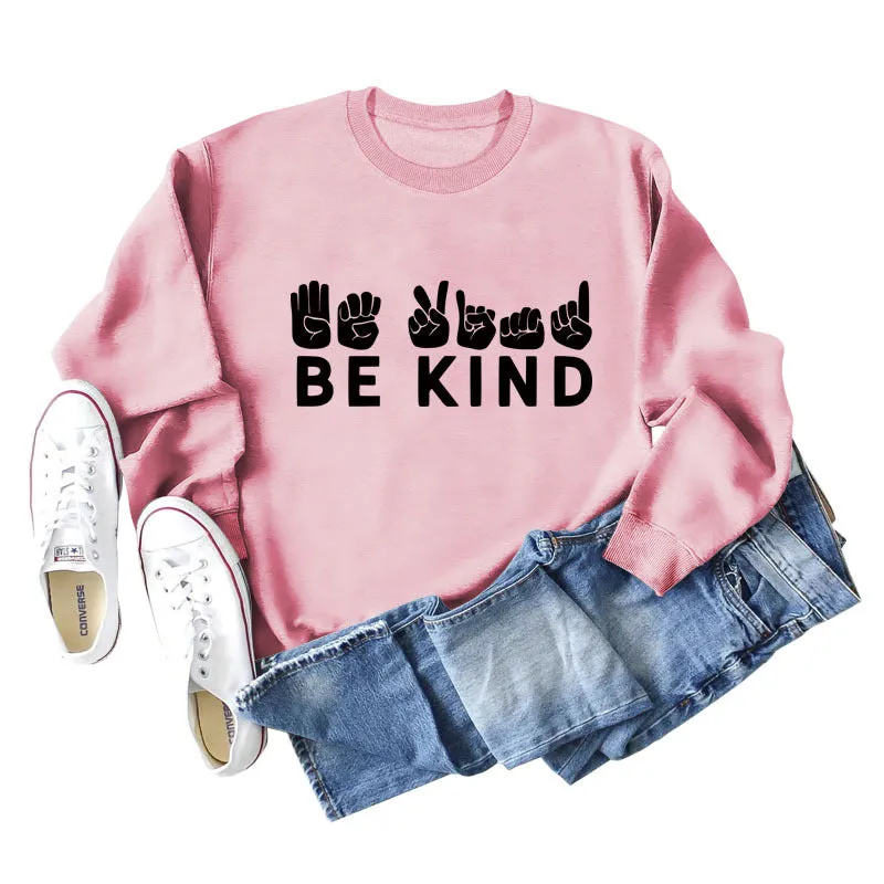 Be Kind Finger Fist Letters Loose Autumn and Winter Bottoms Long Sleeve Large Size Sweater Women