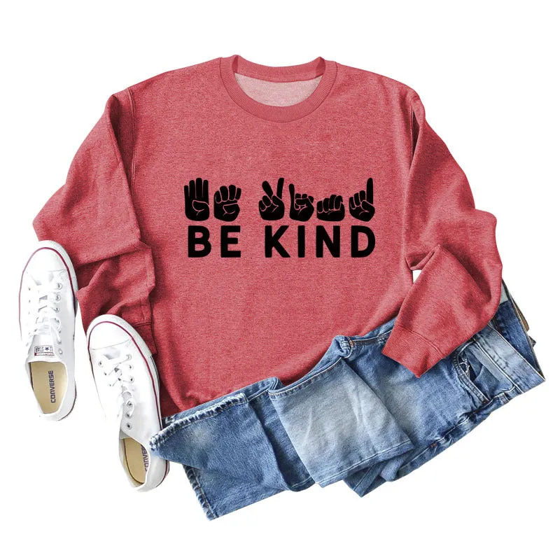 Be Kind Finger Fist Letters Loose Autumn and Winter Bottoms Long Sleeve Large Size Sweater Women