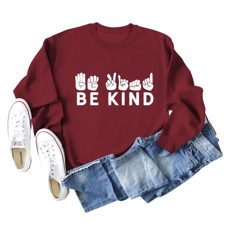 Be Kind Finger Fist Letters Loose Autumn and Winter Bottoms Long Sleeve Large Size Sweater Women