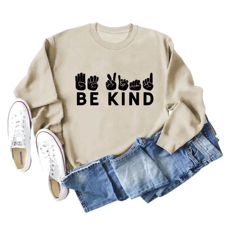 Be Kind Finger Fist Letters Loose Autumn and Winter Bottoms Long Sleeve Large Size Sweater Women