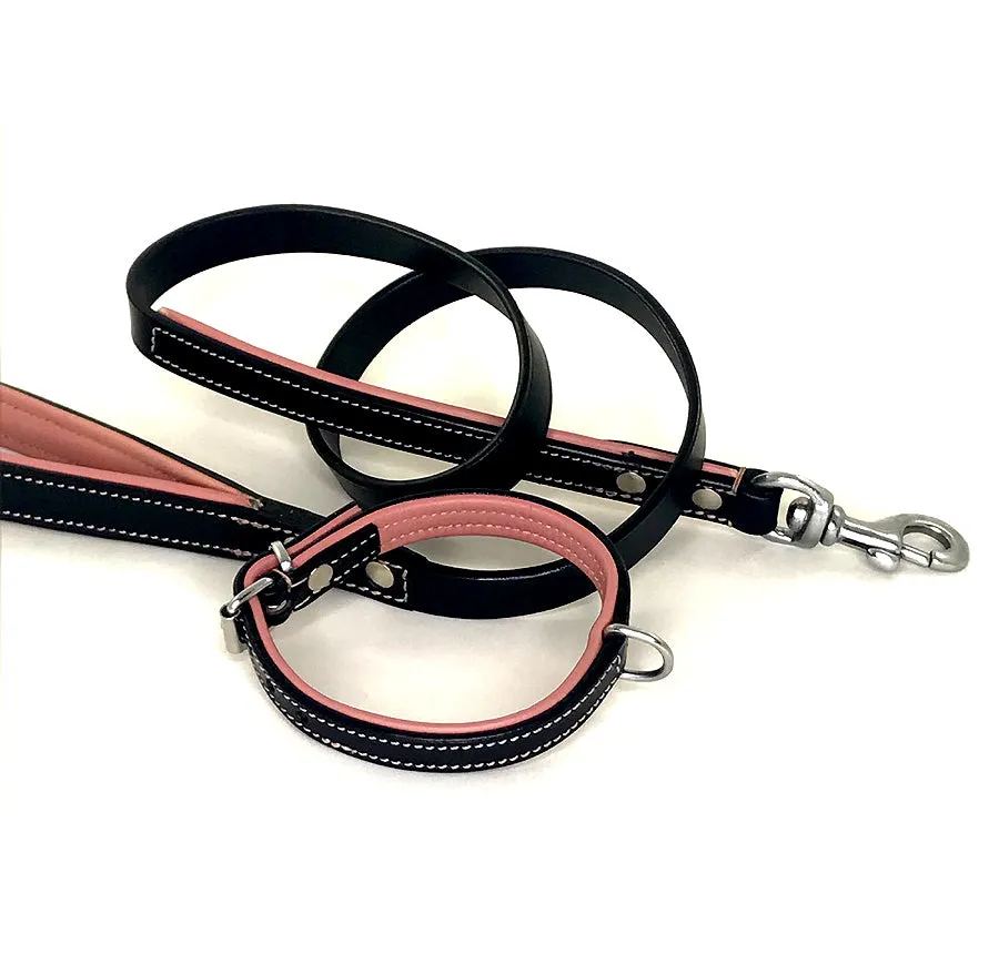 Black & Pink Double Leather Collar & Leash, 14”-16.5”