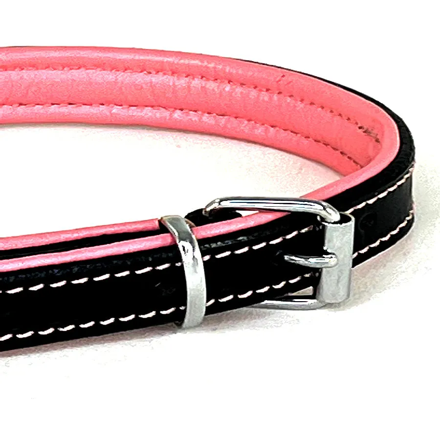 Black & Pink Double Leather Collar & Leash, 14”-16.5”