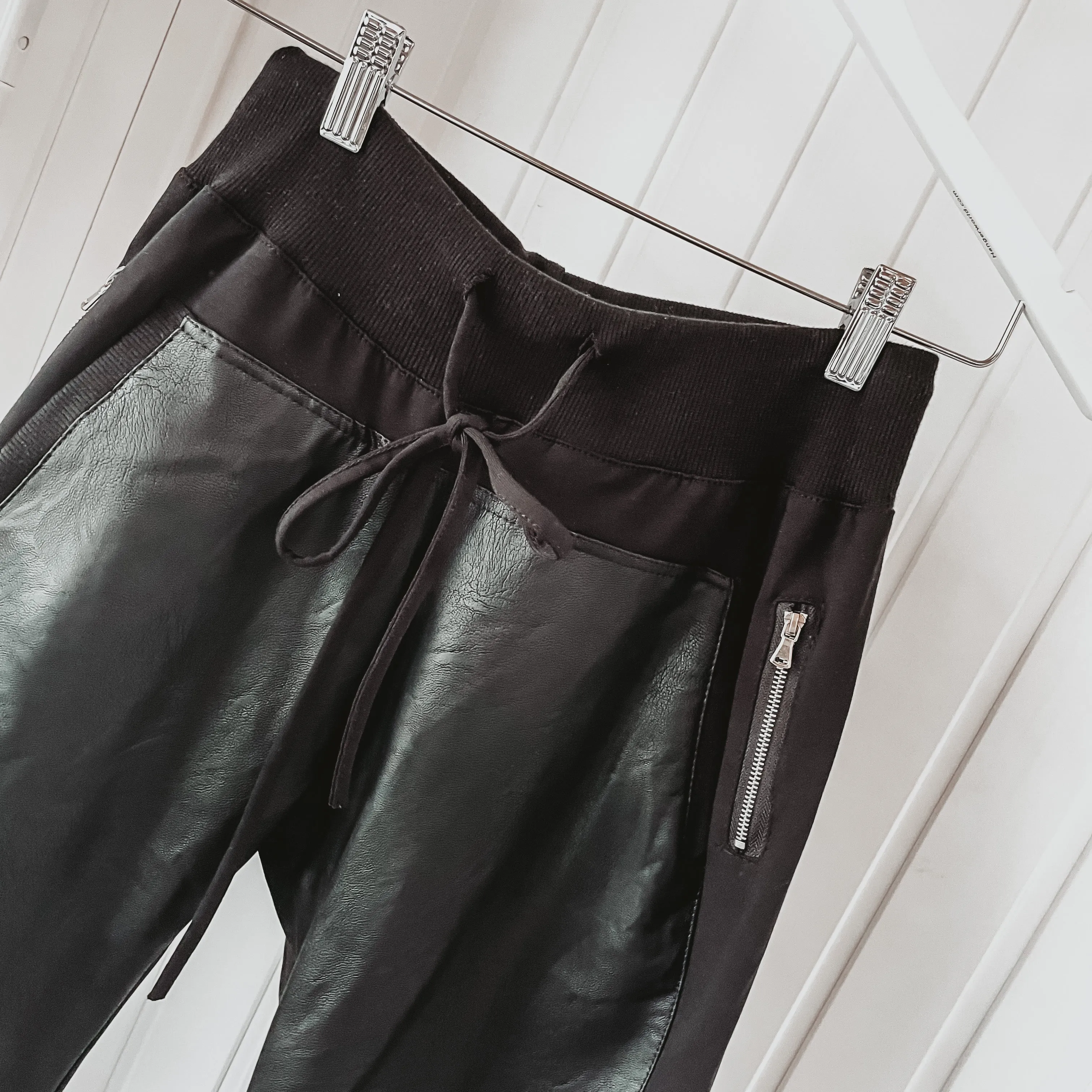 Black faux leather ULTIMATE joggers with cotton side panels