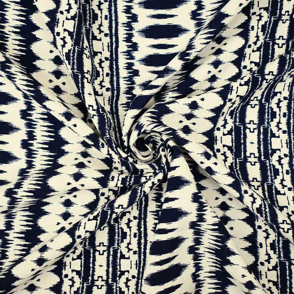 Blue-Ivory Ikat Striped Printed Rayon Challis Woven Fabric