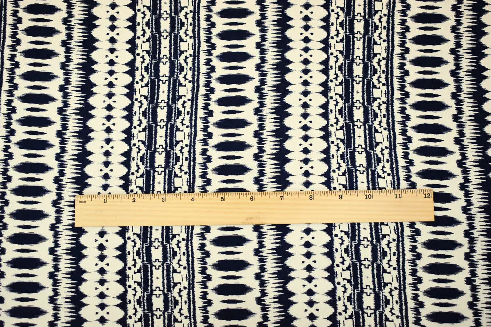 Blue-Ivory Ikat Striped Printed Rayon Challis Woven Fabric