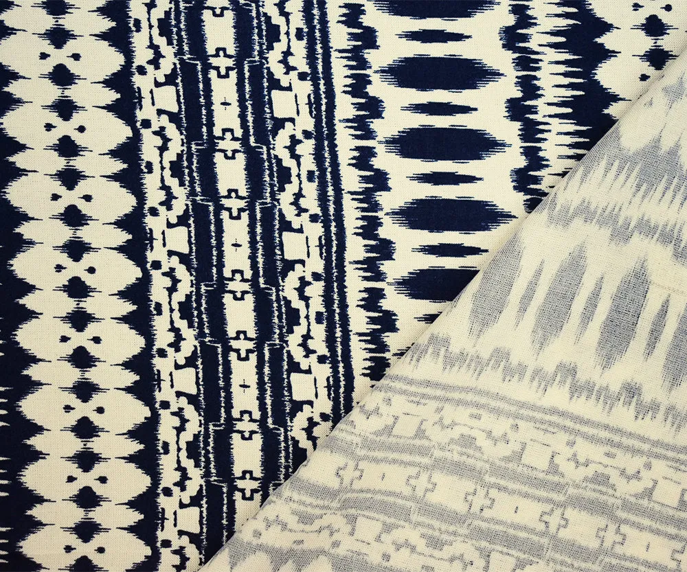 Blue-Ivory Ikat Striped Printed Rayon Challis Woven Fabric