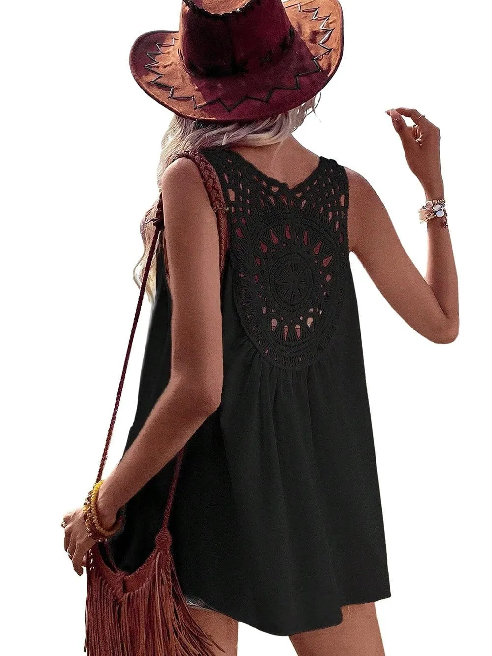 Bohemian Black Crochet Patchwork V-Neck Tunic