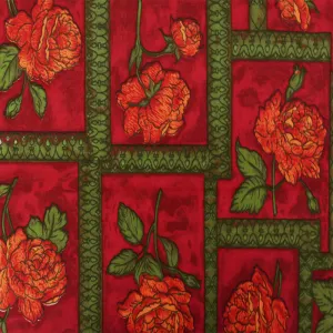 Cherry Red-Green-Multi Floral Frame Printed Cotton Sateen Fabric