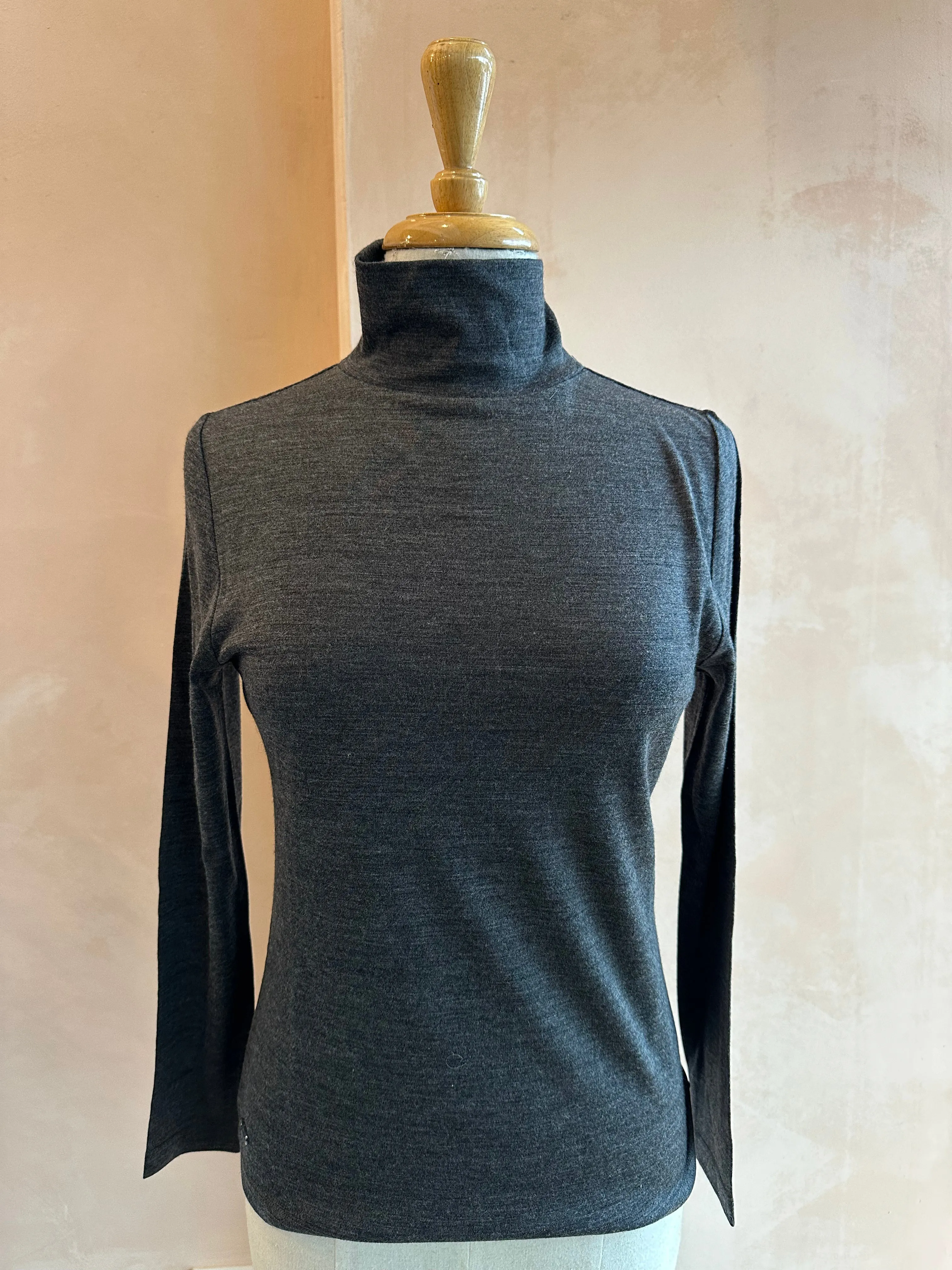 Ebony - Merino (210) LS High Neck Top Charcoal