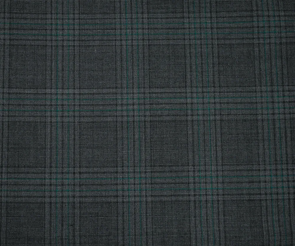 Gray-Black-Green Polyester Wool Blend Plaid Woven Shirting Fabric