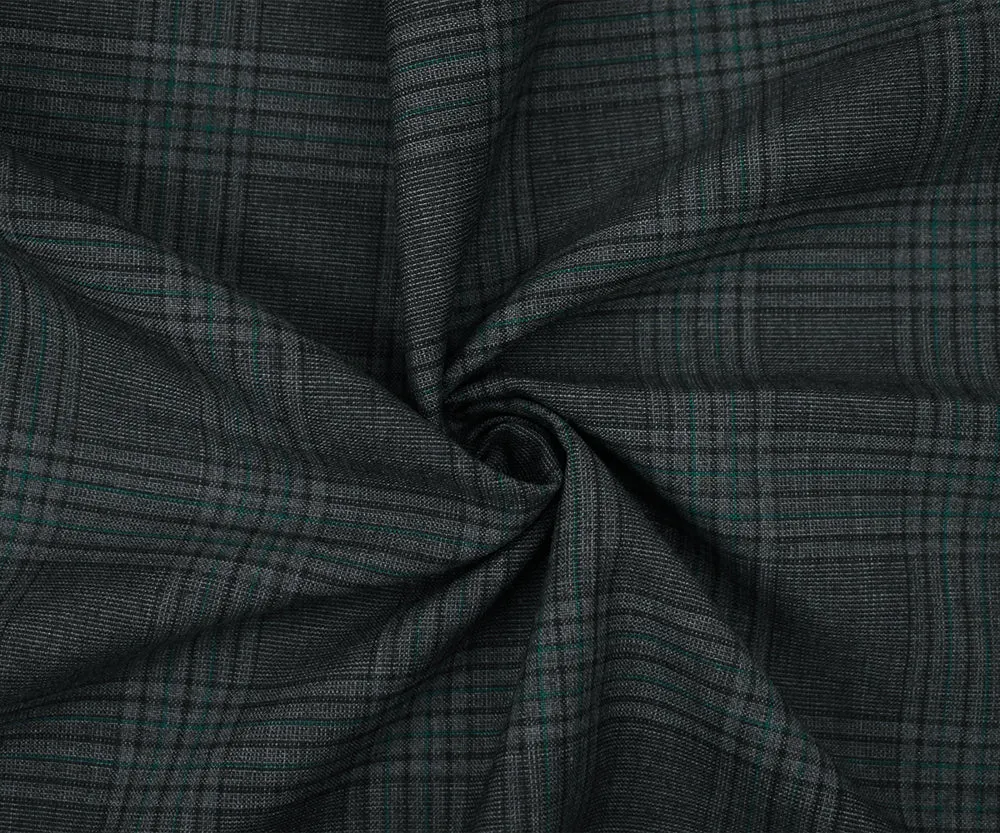 Gray-Black-Green Polyester Wool Blend Plaid Woven Shirting Fabric