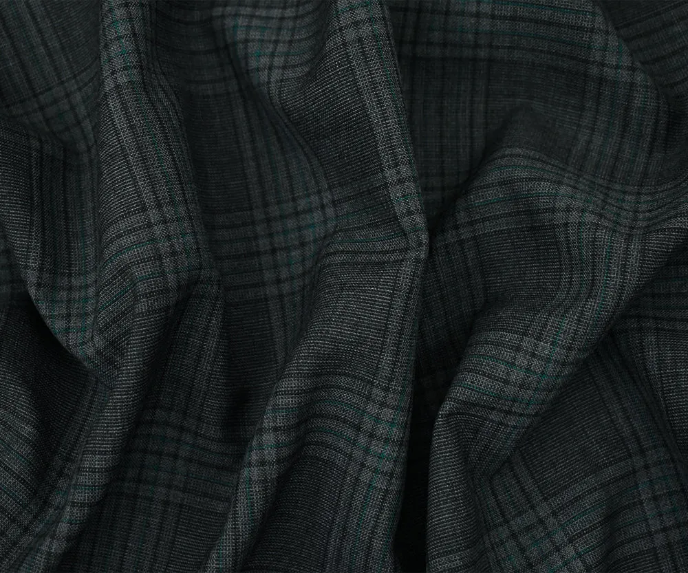 Gray-Black-Green Polyester Wool Blend Plaid Woven Shirting Fabric