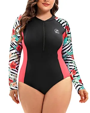 Plus Size One Piece Rash Guard Long Sleeve Zipper UPF 50  Surfing Swimsuit