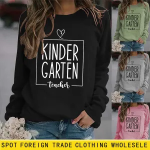 Round Neck Top Long Sleeve KINDER GARTEN Print Loose Sweatshirt