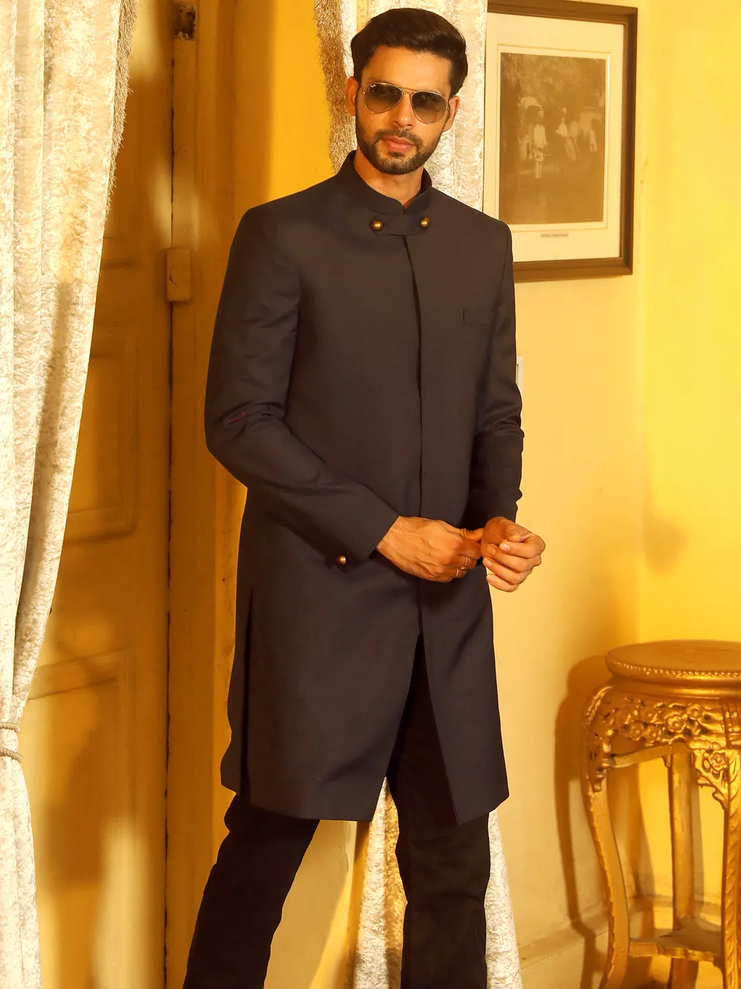 SHRESTHA By VASTRAMAY Men's Navy Blue & Black Solid Bandhgala Indo Set