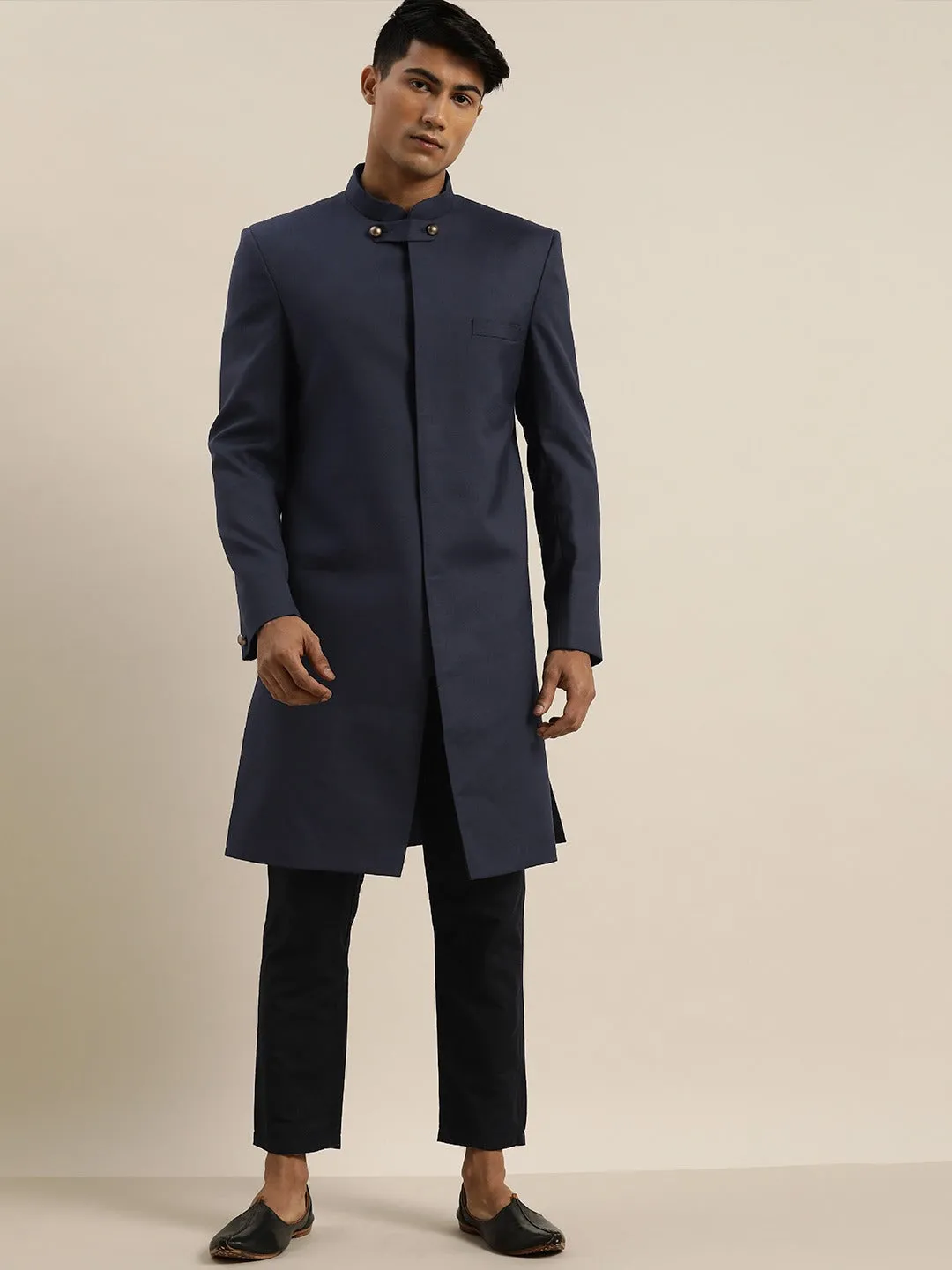 SHRESTHA By VASTRAMAY Men's Navy Blue & Black Solid Bandhgala Indo Set