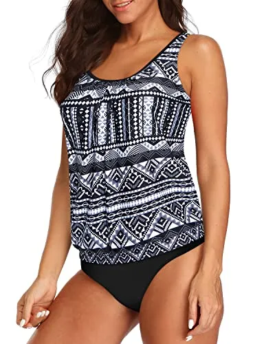 Two Piece Blouson Tankini Swimsuits Tummy Control For Women-Black Tribal