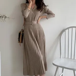 V-neck Single-breasted Women Thicken Sweater Dress Knitted Belted Female A-line soft dresses