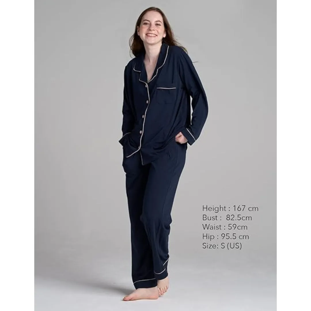 Women Navy Pyjamas Set Knit Lounge Bottom Pants and Long Sleeve Button Top