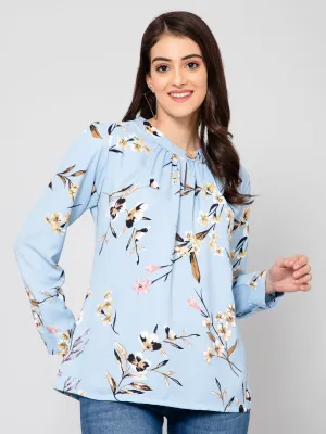 Women's Casual  Blue Floral Print Band Collar Top