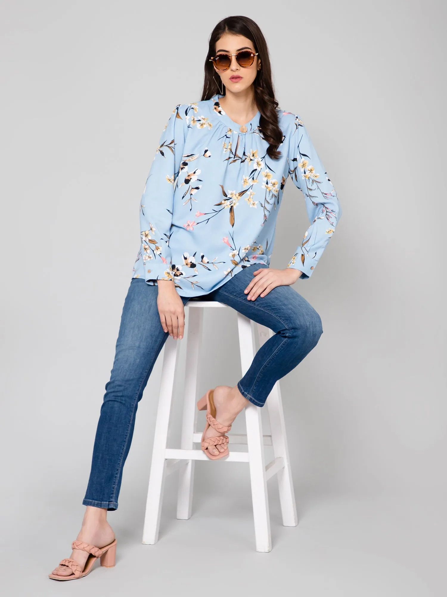 Women's Casual  Blue Floral Print Band Collar Top