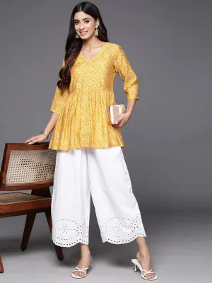 Yellow Printed Silk Blend A-Line Kurti